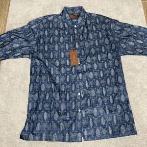 Tori Richard Shirt Mens Medium Blue Hawaiian Palm Print Cotton Aloha Made USA